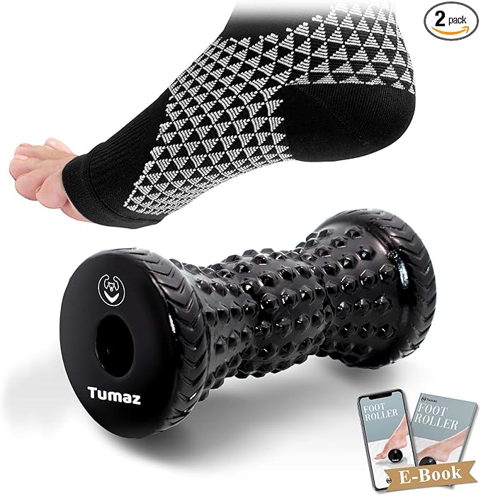 Tumaz Foot Compression Sleeves & Foot Roller Set for Women & Men - Plantar Fasciitis Compression Socks for Improving Blood Circulation, Foot Pain Relief, Edema (Black)