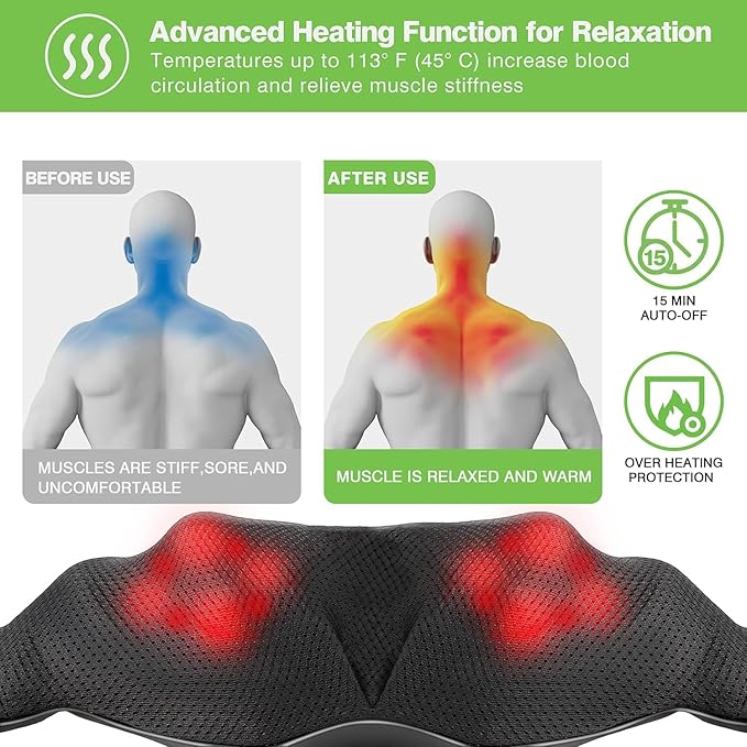cotsoco Neck Massager, Shiatsu Neck and Back Massager with Heat for Pain Relief, Deep Tissue 3D Kneading Massage Pillow, Relaxation Gifts for Men and Women, Gifts for Dad, Elderly,Wife（Gray）