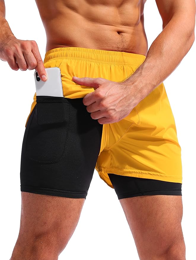 Pudolla Men’s 2 in 1 Running Shorts 5" Quick Dry Gym Athletic Workout Shorts for Men with Phone Pockets