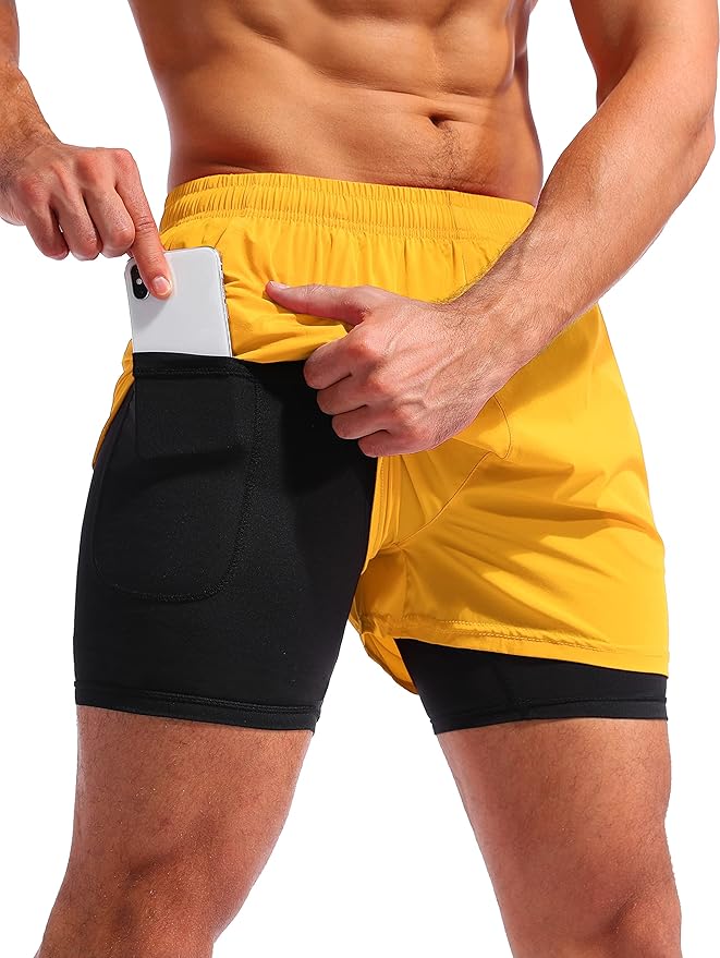 Pudolla Men’s 2 in 1 Running Shorts 5" Quick Dry Gym Athletic Workout Shorts for Men with Phone Pockets