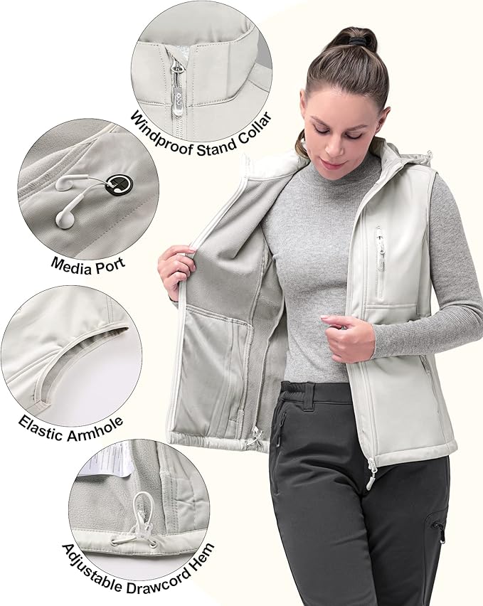 33,000ft Women's Hooded Lightweight Softshell Vest Fleece Lined Windproof Zip Up Sleeveless Jacket for Hiking Golf Running