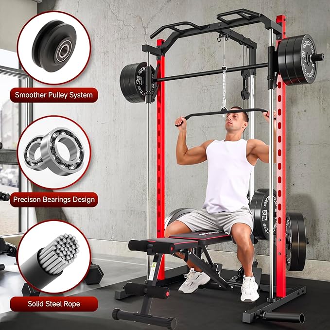OPPSDECOR Power Cage Power Rack with LAT Pull Down Pulley System& Cable Row, Weight Cage with More Training Attachments, Multi-Functional Squat Rack for Home Gym System