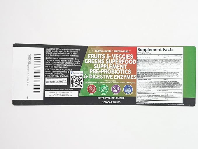 Clean Nutraceuticals Fruits and Veggies Supplement Reds & Green Superfood - Balance of Over 70 Fruit & Vegetable Supplements Capsules with Probiotics Prebiotics Digestive Enzymes - 120 Ct USA