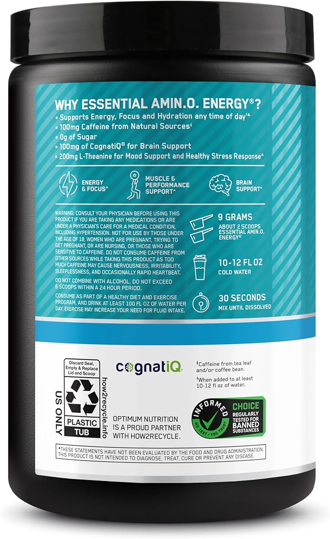Optimum Nutrition Amino Energy Powder Plus Focus, with BCAA, Electrolytes, and Caffeine, Tropical Lemonade, 30 Servings (Packaging May Vary)