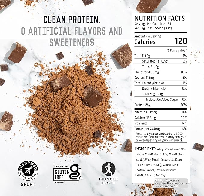Ascent 100% Whey Protein Powder - Post Workout Whey Protein Isolate, Zero Artificial Flavors & Sweeteners, Soy & Gluten Free, 5.5g BCAA, 2.6g Leucine, Essential Amino Acids, Chocolate 4 lb