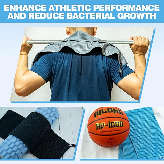 Microfiber Gym Towels with Snap Straps, Yoga Towel for Home and Gym, 16 Inch x 28 Inch, 6 Pack (Grey/Blue, 16" x 28")