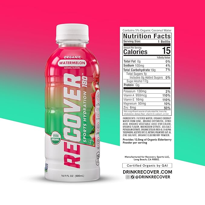 RECOVER 180 Organic Sports Hydration Drink, No Sugar Added, 20 Calorie Sports Beverage, Organic Flavors With Vitamins, Potassium-Packed Electrolytes (16.9 Fl Oz (Pack of 12), Variety Pack)
