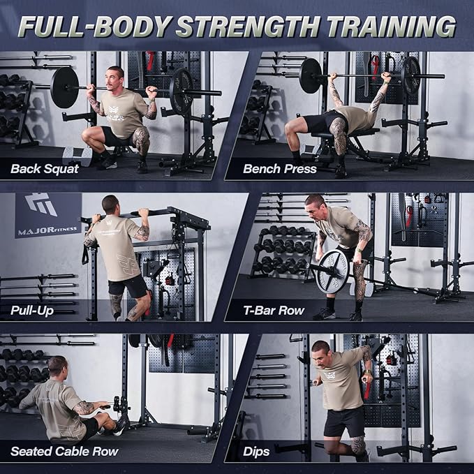 MAJOR FITNESS Drone3 Power Rack, Multi-Function Home Gym Squat Rack with Pull-Up Bar, Cable Crossover & J-Hooks, Heavy-Duty Steel Frame for Maximum Stability & Strength Training