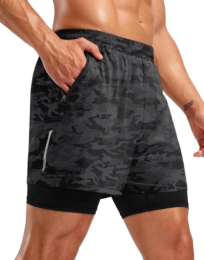 Pudolla Men's 7" Running Shorts with Zipper Pockets Quick Dry 2 in 1 Workout Gym Shorts with Liner for Tennis Yoga Training