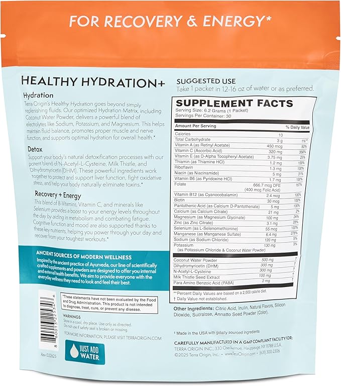 TERRA ORIGIN Healthy Hydration+ Tropical Splash Electrolyte Powder Packets | After Alcohol Aid with DHM | Mango Passionfruit Citrus Flavor | 30 On The Go Packs