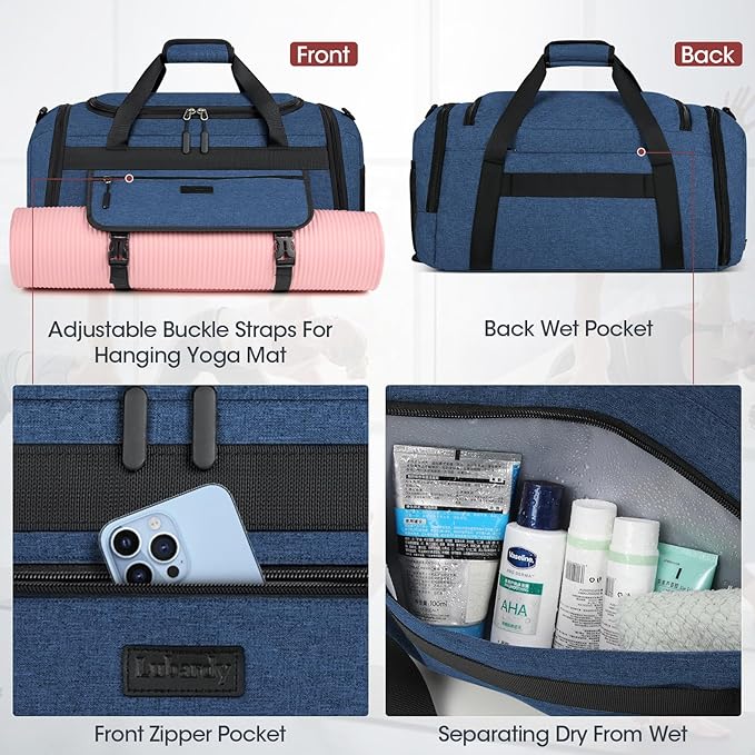 IGOLUMON Gym Bag for Men 40L Sports Duffel Bags Gym Duffle Bag Women with Shoe Compartment & Wet Pocket Water Resistant Travel Duffel Bag Lightweight Weekender Overnight Bag Blue