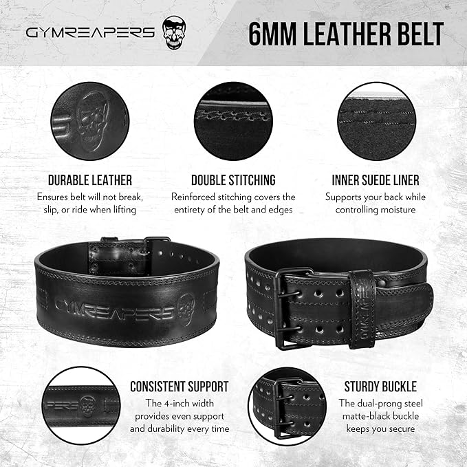Gymreapers Weightlifting Belt 6MM Genuine Leather - Double Prong Power Belt Heavy Duty 4-Inch Wide - Strong, Stabilizing Back Support For Deadlifts, Squats Powerlifting