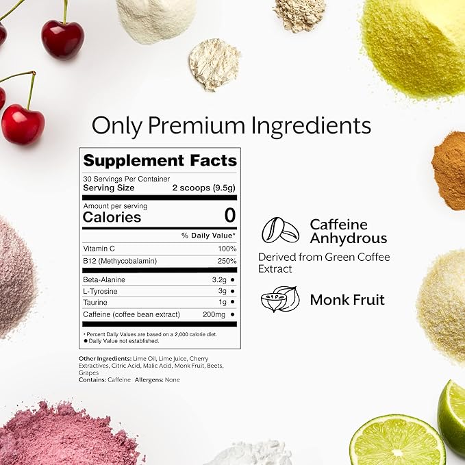 ProMix Nutrition Pre-Workout Powder, Cherry Lime - Maximize Focus & Performance - Helps Muscle Gain, Endurance - Vitamin B12, Caffeine, Beta-Alanine & L-Tyrsosine - 30 Servings (Pack of 1)