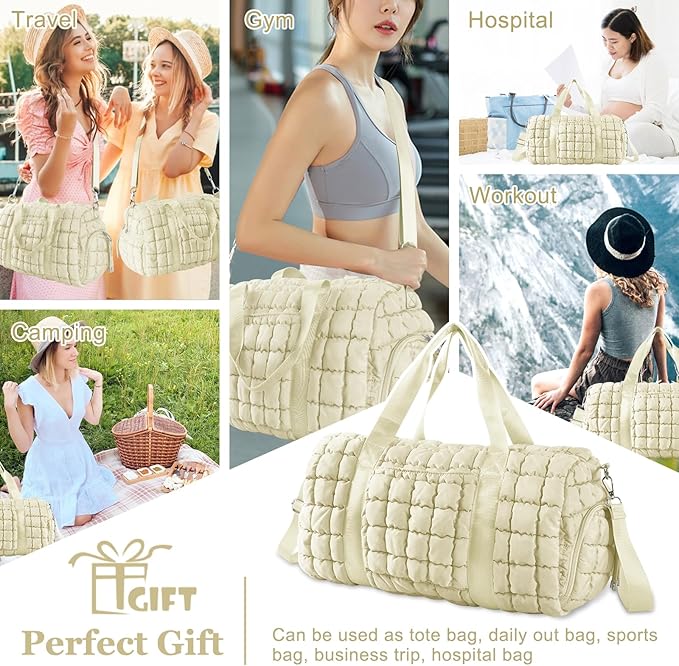 Quilted Travel Duffle Bag Gym Bag for Women,Large Puffer Duffle Weekender Bag with Compartment,Workout Overnight Carry on Organizer Bag Duffle Bag for Airplane Travel(Off-white)