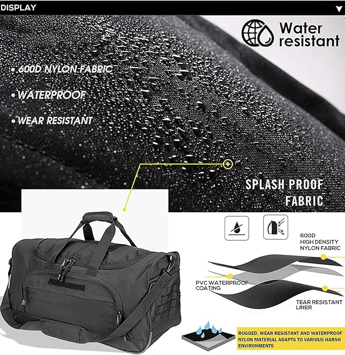 HYKING Gym Bag for Women & Men Tactical Duffle Military Weekender Work Out Lightweight Waterproof Sports Tote Shoe Pocket Black