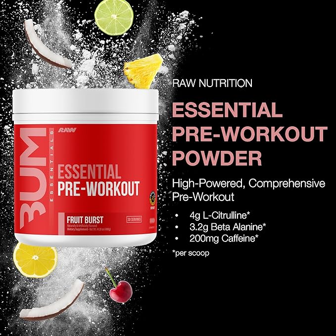 RAW Essential Pre-Workout Powder (Fruit Burst) - Chris Bumstead Sports Nutrition Supplement for Men & Women - Preworkout Energy Powder with Caffeine, L-Citrulline, L-Tyrosine, & Beta Alanine Blend