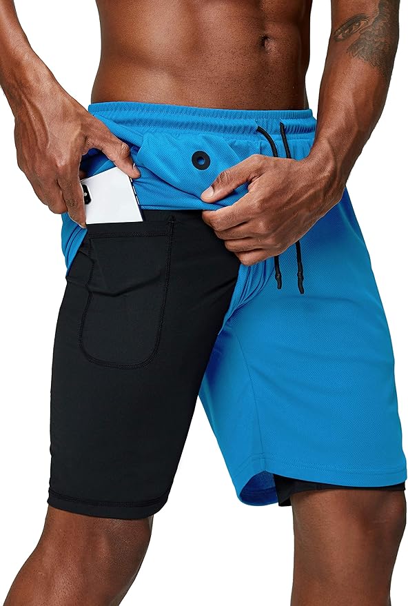 Pinkbomb Men's 2 in 1 Running Shorts Gym Workout Quick Dry Mens Shorts with Phone Pocket