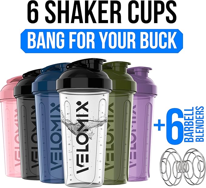 VELOMIX -6 PACK- 28 OZ Protein Shaker Bottles for Protein Mixes, Shaker Cups for Protein Shakes, Small Shaker Bottle Pack, Shaker Cup, Shakers for protein Shakes (Core Series)