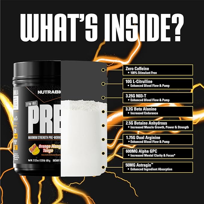NutraBio STIM-Free PRE Workout for Men, New Formula | Laser Focus, Extreme Pumps | Performance, Endurance | 10g Citrulline, Beta Alanine, Nitrates, Nootropics, Electrolytes - 20 Servings Orange Mango