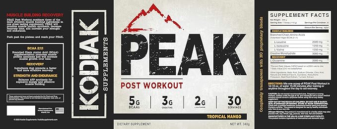 Peak Post Workout - BCAA 2:1:1 Creatine - Glutamine - Muscle Recovery and Strength Building Supplement - 30 Servings - Tropical Mango