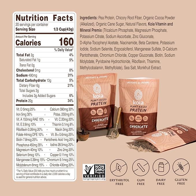 Koia Plant Based Protein Powder, Chocolate, 20g Protein, 3g Sugar, 6g Prebiotic Fiber, Pre & Post Workout, 21 Vitamins & Minerals, No Seed Oils, Dairy-Free, Gluten-Free, Non-GMO, 20 Servings, 28.2 Oz