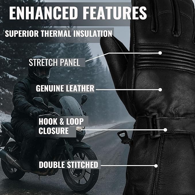 Jackets 4 Bikes Winter Motorcycle Gloves, Premium Biker Sheep Leather Thinsulate Warm Cold Weather Water Resistance Windproof Gauntlet for Men and Women