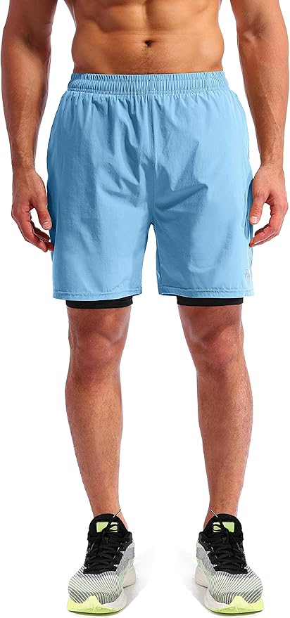 Pudolla Men’s 2 in 1 Running Shorts 5" Quick Dry Gym Athletic Workout Shorts for Men with Phone Pockets