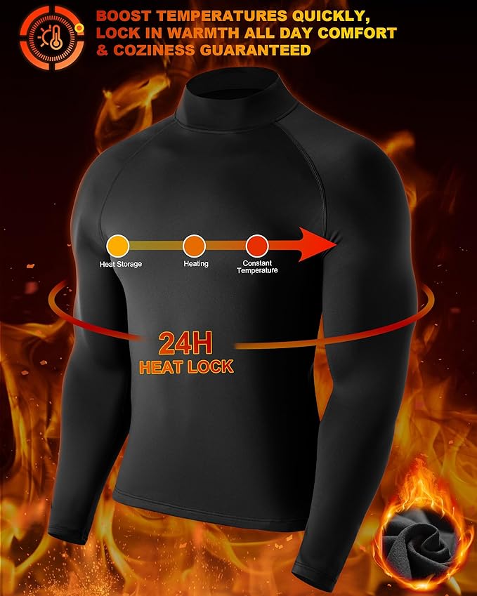 Men's Thermal Compression Shirts, Long Sleeve Fleece Lined Turtleneck Undershirt, Cold Weather Ski Base Layer Tops