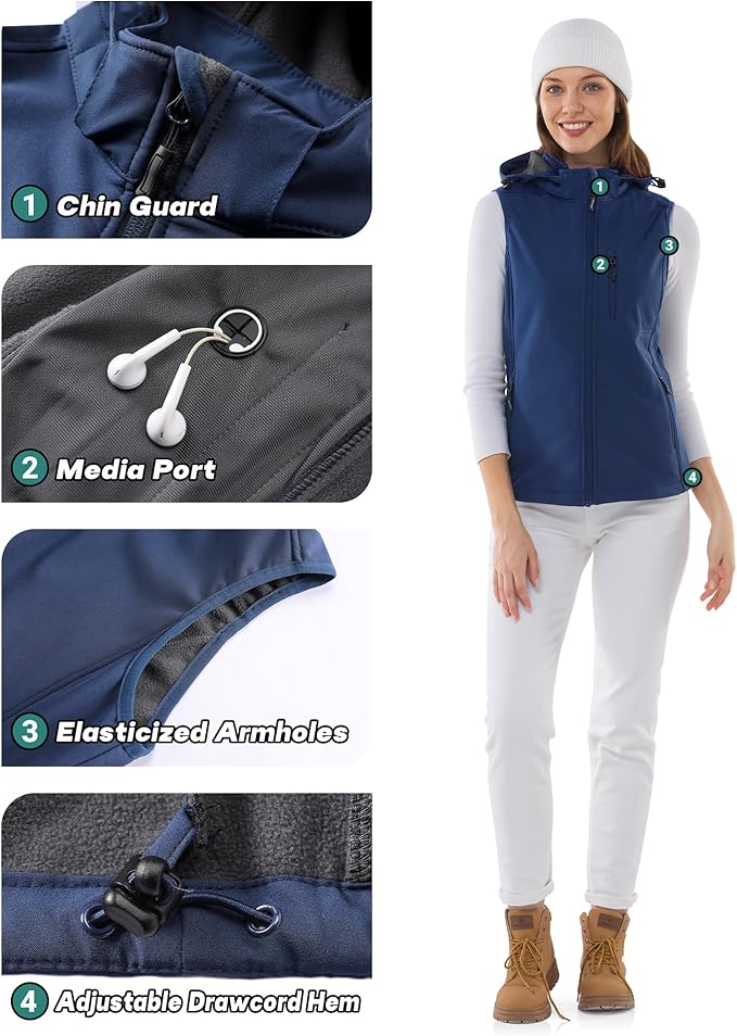 Outdoor Ventures Women's Hooded Lightweight Softshell Vest, Windproof Fleece Lined Sleeveless Jacket for Golf Running Travel
