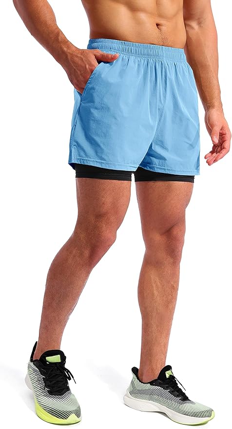 Pudolla Men’s 2 in 1 Running Shorts 5" Quick Dry Gym Athletic Workout Shorts for Men with Phone Pockets
