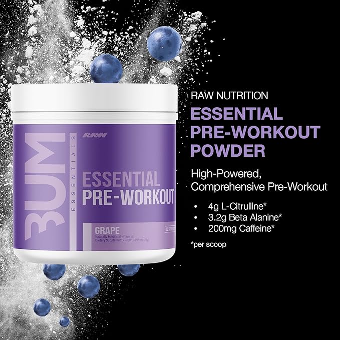 RAW Essential Pre-Workout Powder (Grape) - Chris Bumstead Sports Nutrition Supplement for Men & Women - Preworkout Energy Powder with Caffeine, L-Citrulline, L-Tyrosine, & Beta Alanine Blend