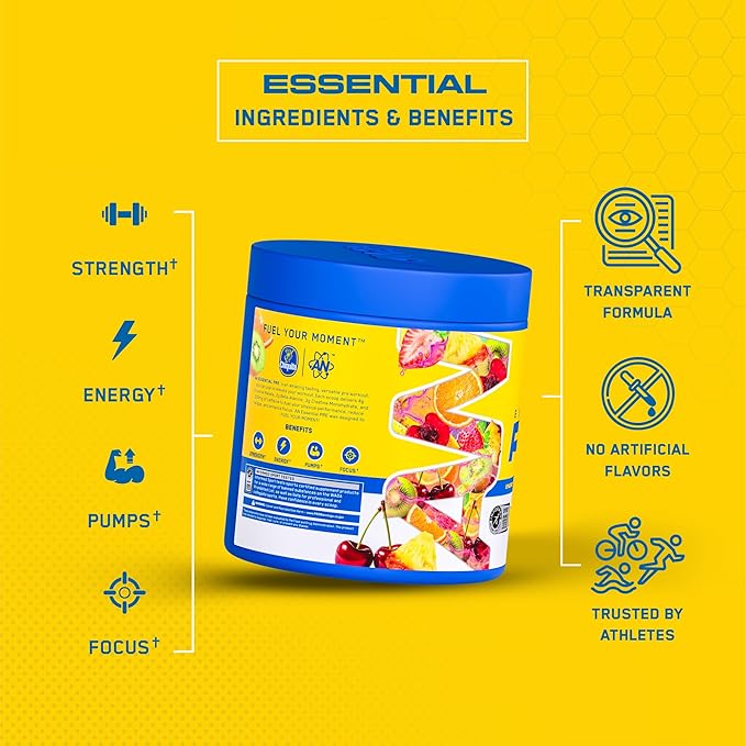 AN Essentials Pre-Workout Powder Supplement for Men & Women | Energy Drink Mix with 200mg Caffeine, Beta Alanine, Citrulline, & Creatine | Fruit Blend | 30 Servings