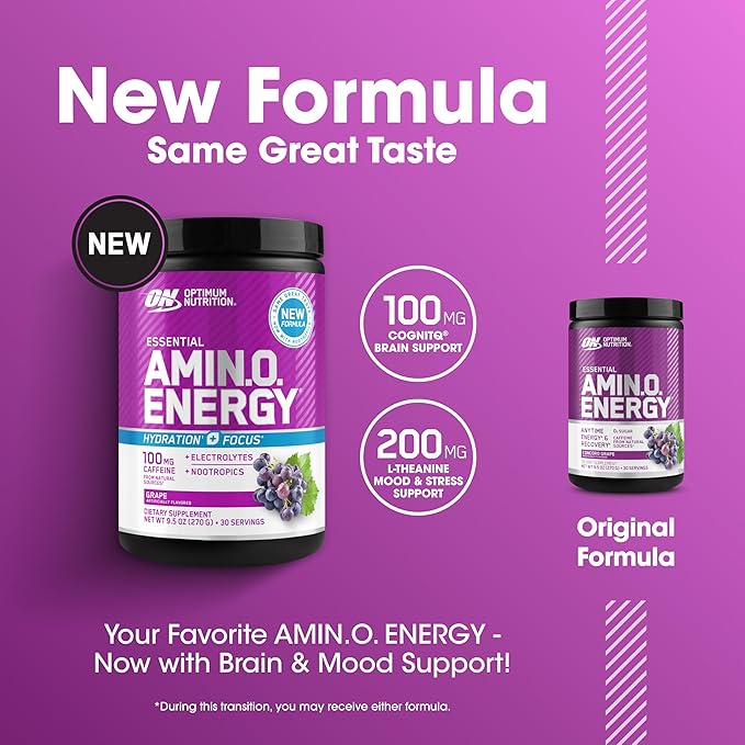 Optimum Nutrition Amino Energy Powder Plus Focus, with BCAA, Electrolytes, and Caffeine, Grape, 30 Servings (Packaging May Vary)
