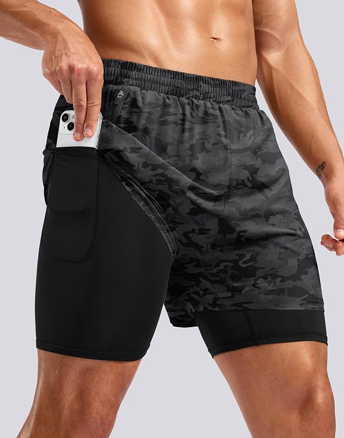 Pudolla Men's 7" Running Shorts with Zipper Pockets Quick Dry 2 in 1 Workout Gym Shorts with Liner for Tennis Yoga Training