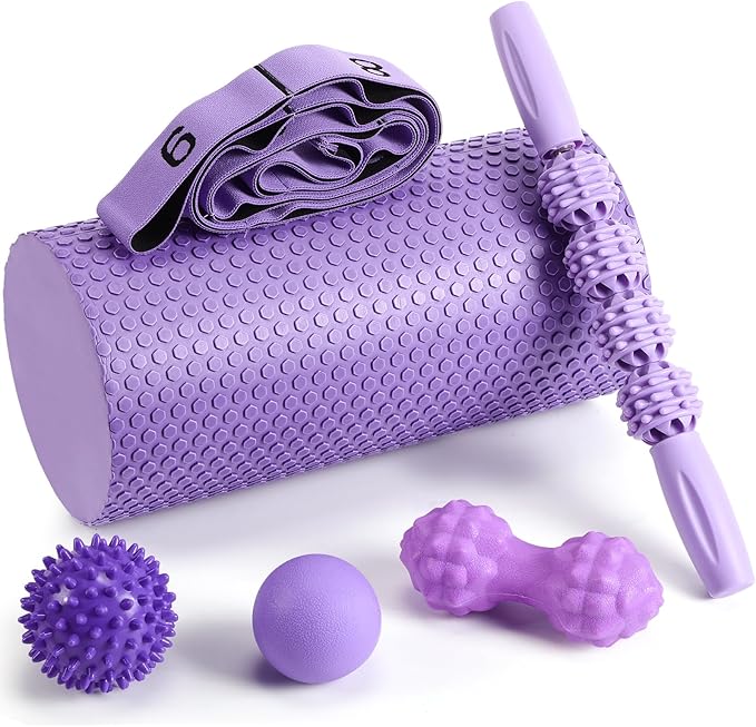 6Pcs Foam Roller Set Includes Peanut Massage Ball, Back Roller, Massage Roller Stick, 2Foot Stretching Strap, and Fasciitis Ball for Exercise Physical Body Therapy Yoga Massager (Purple)