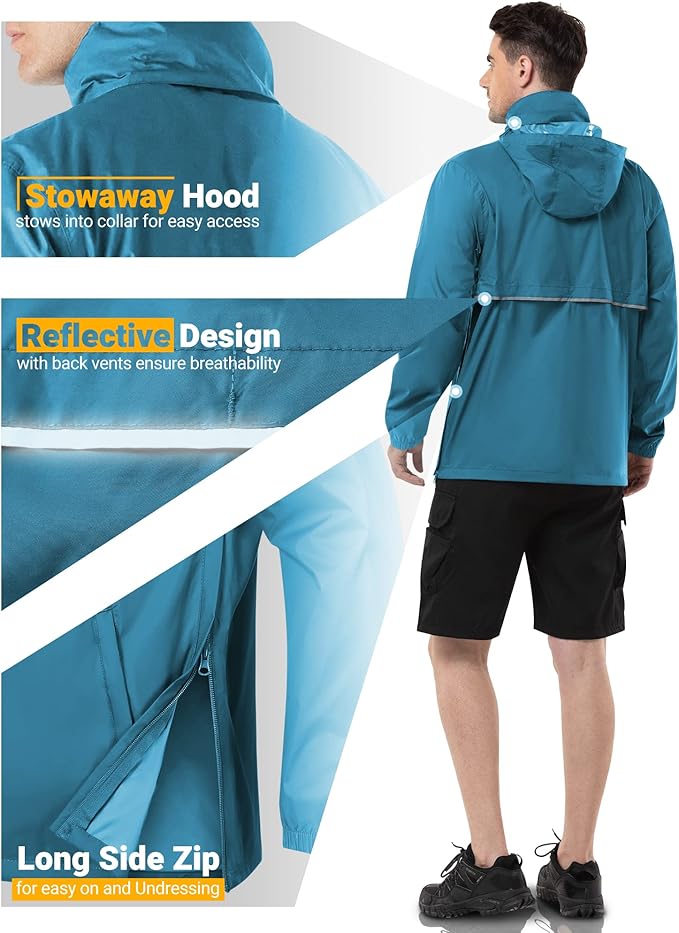 Outdoor Ventures Men's Rain Jacket Waterproof Lightweight Packable Rain Pullover for Hiking Golf Running