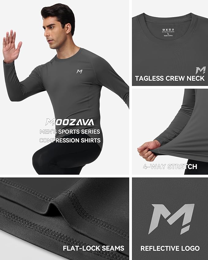 Mens Compression Shirt Long Sleeve Quick Dry Athletic Workout Gym T-Shirt SPF Running Top Sport Undershirt Base Layer