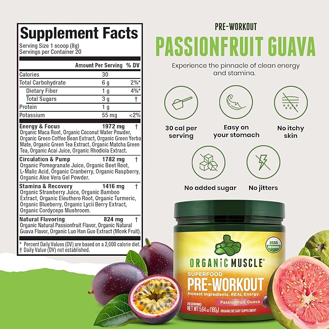 USDA Organic Pre-Workout Powder, Passionfruit Guava | Clean Energy Without Jitters | Natural Performance Boost | No Artificial Sweeteners | 20 Superfoods | Low Caffeine, 20 Servings