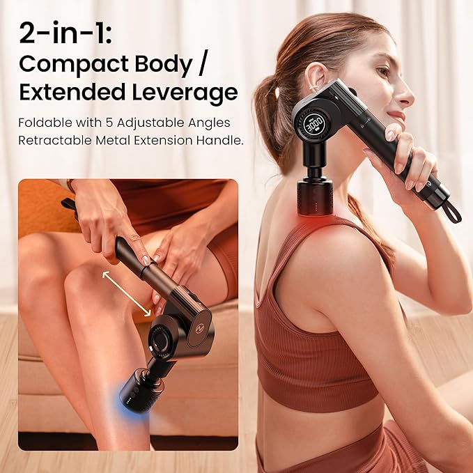 NAPRE Massage Gun with Heat and Cold Head,Deep Tissue Percussion Back Massager for Muscle/Neck/Body Pain Relief with Long Extension Retractable Handle,32-Speeds,Foldable with 5 Adjustable Angles