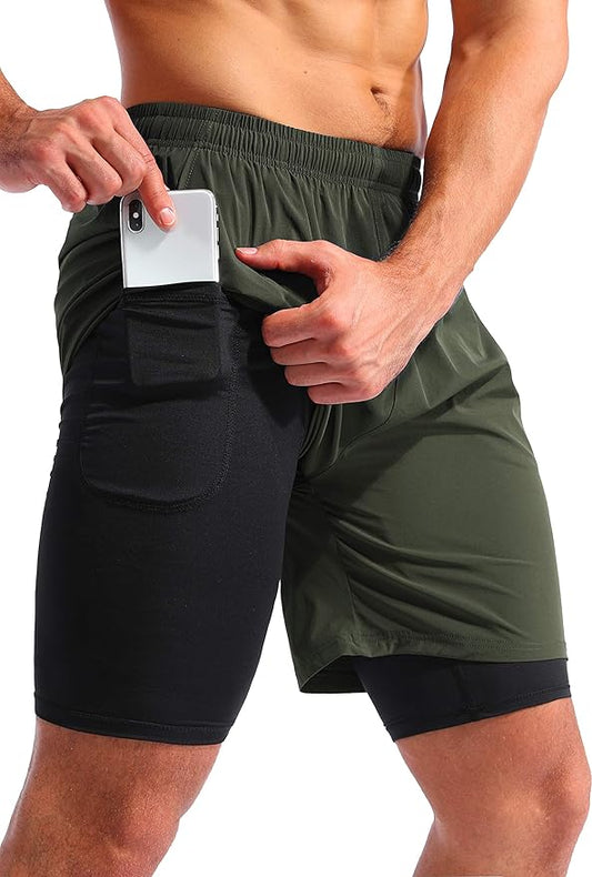 Pudolla Men’s 2 in 1 Running Shorts 5" Quick Dry Gym Athletic Workout Shorts for Men with Phone Pockets