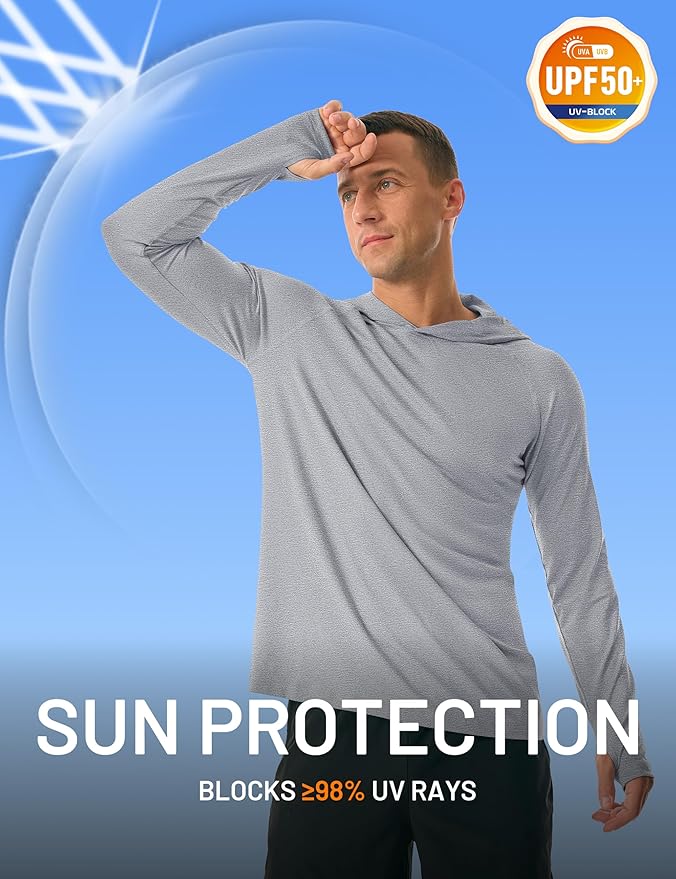 MAGCOMSEN Men's Hooded UPF 50+ Sun Protection T Shirts Long Sleeve Athletic Fishing Shirts Rash Guards