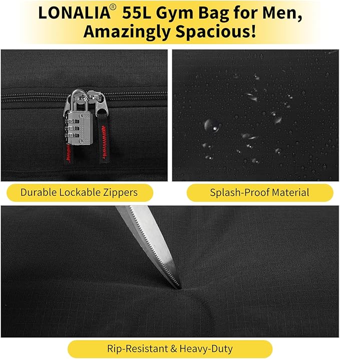 55L Sports Gym Duffle Bag for Men - 22 inch Large Duffel bag for Workout, Travel, Weekender, Fitness (Black)