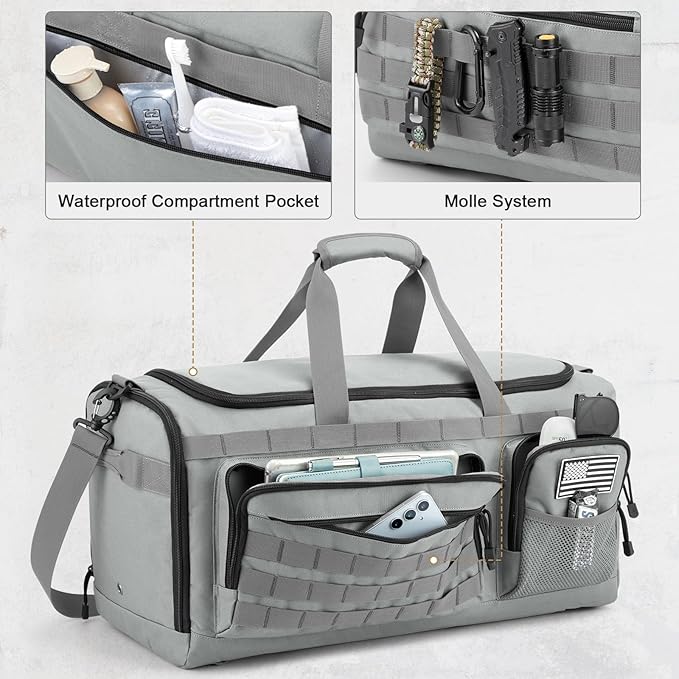 G4Free 3-in-1 Travel Duffle Bag for Men and Women, 50L Large Gym Sports Bags Tactical Military Duffle Backpack with Shoes Compartment and Wet Pocket (Grey)