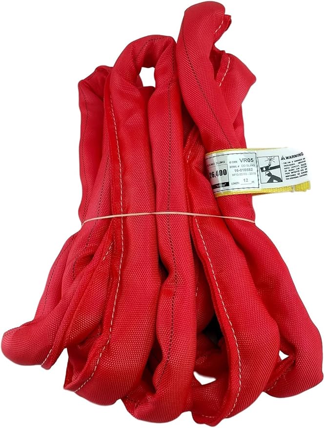 USA Made VR5 X 12' Red Slings 4'-30' Lengths in Listing, Double PLY Cover Endless Round Poly Lifting Slings, 13,200 lbs Vert, 10,560 lbs Choker, 26,400 lbs Basket (USA Polyester) (12 FT)