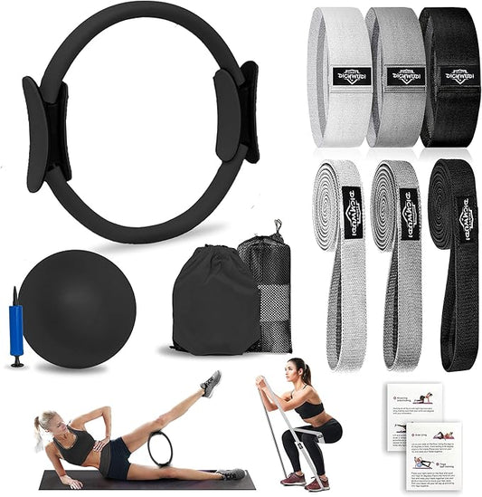 Pilates Essentials Kit for Home Women, Pilates Equipment for Workouts, 6 Fabric Resistance Bands, 12 Inch Magic Circle Yoga Ring, Mini Exercise Ball, Great Exercise Equipment