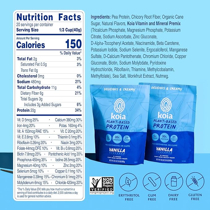 Koia Plant Based Protein Powder, Vanilla, 20g Protein, 3g Sugar, 6g Prebiotic Fiber, Pre & Post Workout, 21 Vitamins & Minerals, No Seed Oils, Dairy-Free, Gluten-Free, Non-GMO, 20 Servings, 28.2 Oz