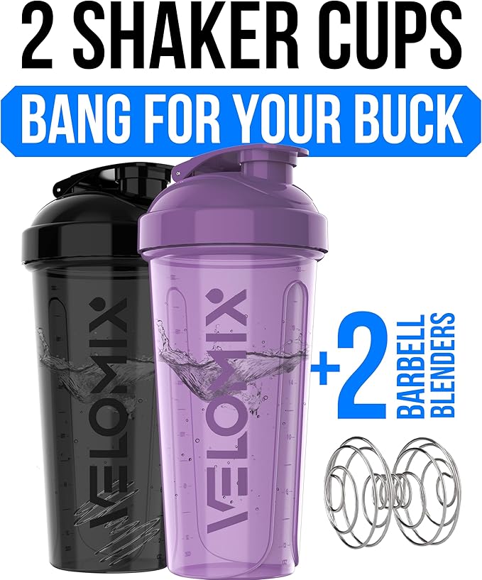 VELOMIX -2 Pack- 28 oz Protein Shaker Bottles for Protein Mixes - 2x Wire Whisk | Leak Proof Shaker Cups for Protein Shakes | Protein Shaker Bottle Pack | Shakers for Protein Shakes-Purple&Black