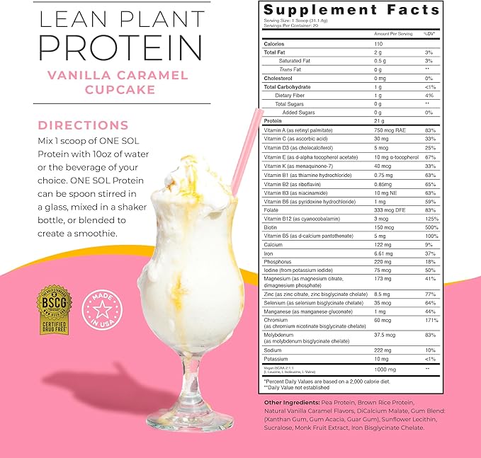 One Sol Lean Plant Protein Powder, Pea & Brown Rice Protein, Low Carb, Vegan Friendly - Gluten, Lactose, & Soy Free - No Added Sugar, Non-GMO, Clean Nutrition, No Bloating (Vanilla Caramel Cupcake)