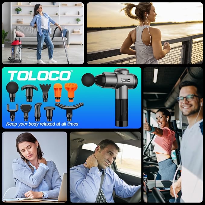 TOLOCO Massage Gun, Deep Tissue Back Massager for Athletes with 10 Massage Heads, Electric Muscle Percussion Massager for Any Pain Relief, FSA and HSA Eligible, Gifts for Fathers Day, Grey