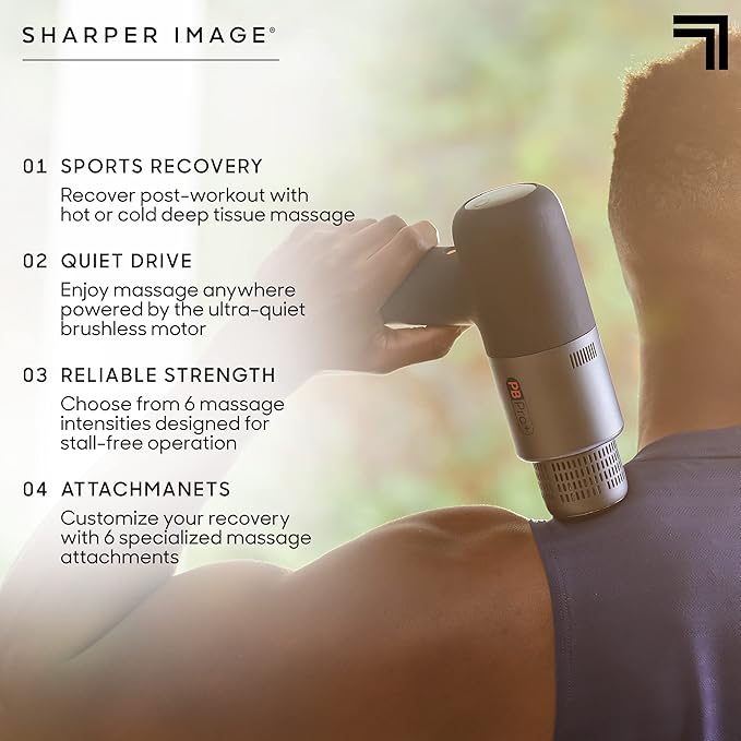 Sharper Image® Powerboost® Pro+ Hot & Cold Deep Tissue Massage Gun - 6 Speeds, 6 Attachments, 5-Hour Battery, Travel Case, Charging Base, Shoulder & Back Massager, Pain Relief Tool, FSA Eligible